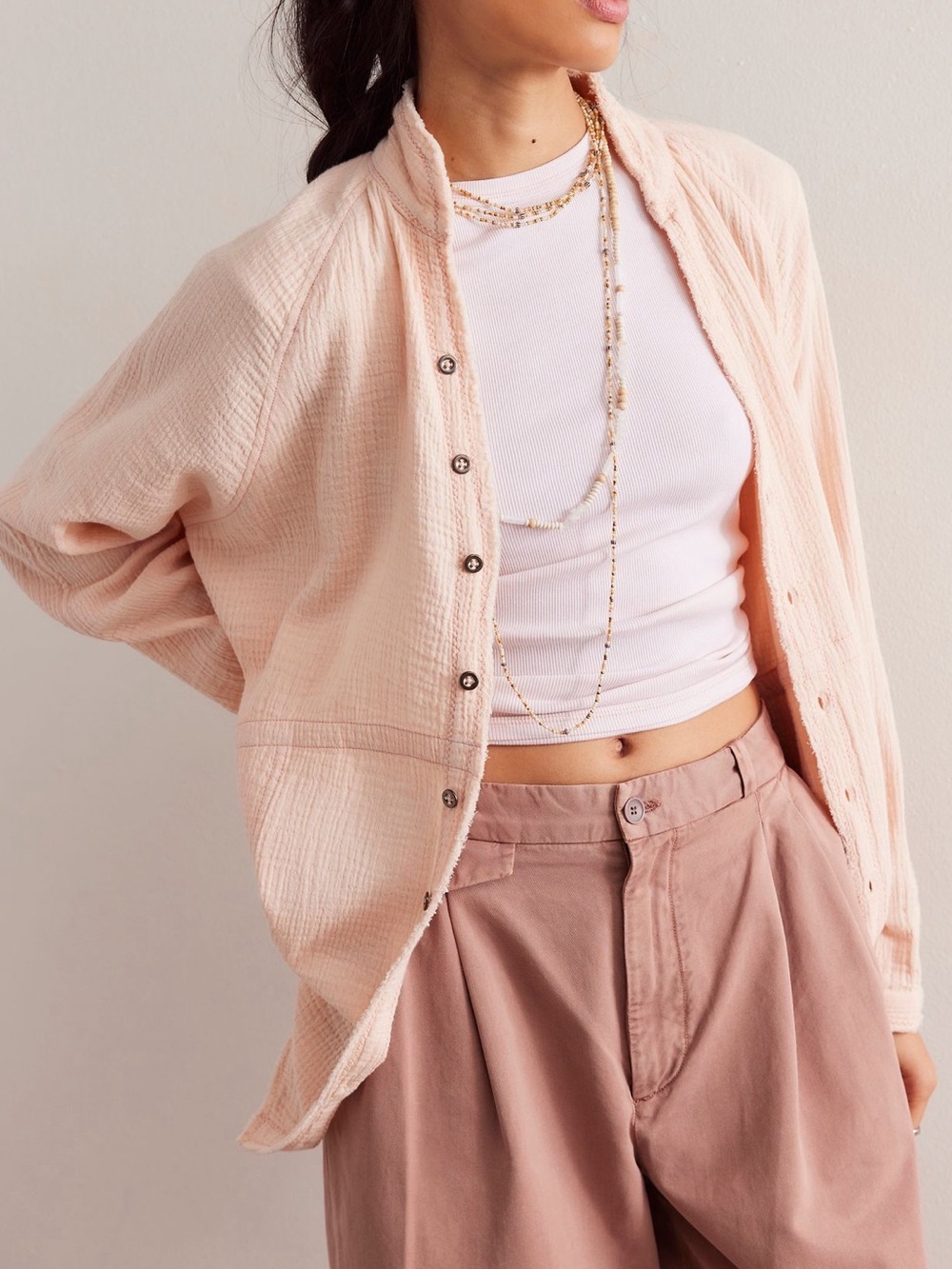 Free People Pink Summer Daydream Oversized Button Down Cotton Gauze Shirt Medium